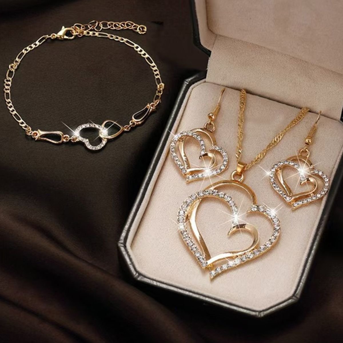 Elegant Gold-Tone Double Heart Rhinestone Jewelry Set – 3 Pcs