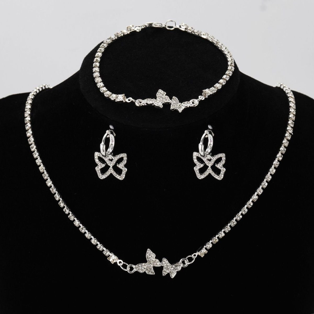 Elegant Silver-Tone Butterfly Rhinestone Jewelry Set – 3 Pcs - Image 2