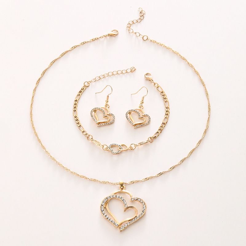Elegant Gold-Tone Double Heart Rhinestone Jewelry Set – 3 Pcs - Image 2